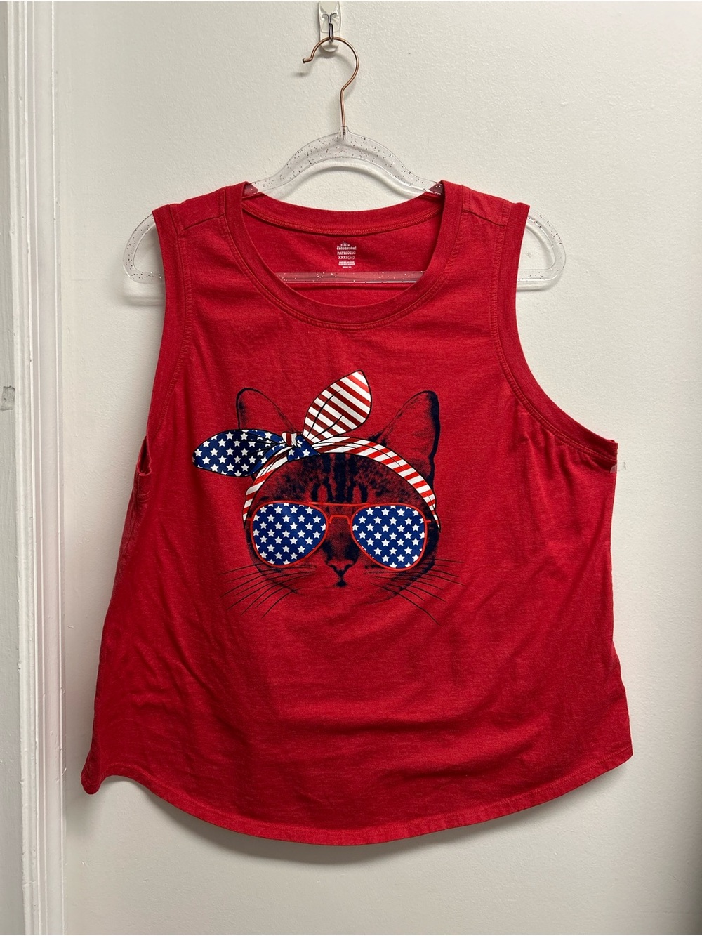 Girls' Red Sleeveless Graphic Tank Top with Patriotic Cat